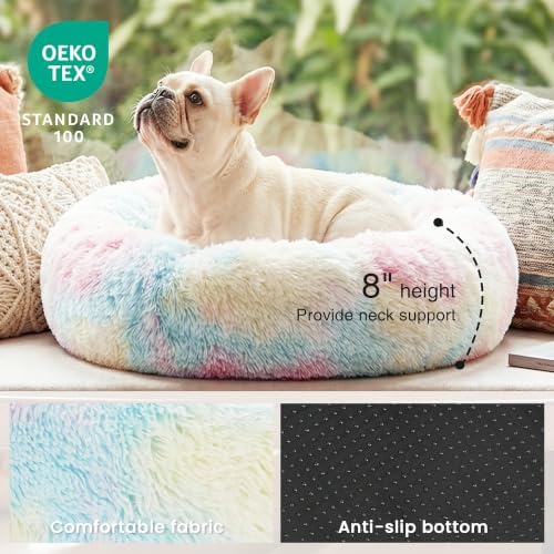 Love's cabin Calming Cat Bed for Indoor Cats, Anti-Anxiety Donut Round Dog Bed,Fluffy Faux Fur Washable Pet Bed for Small Medium Dogs and Cats, Rainbow, 20in