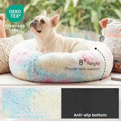Love's cabin Calming Cat Bed for Indoor Cats, Anti-Anxiety Donut Round Dog Bed,Fluffy Faux Fur Washable Pet Bed for Small Medium Dogs and Cats, Rainbow, 20in