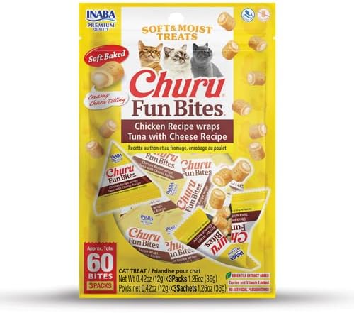 INABA Churu Fun Bites for Cats, Soft & Chewy Baked Chicken Wrapped Filled Cat Treats with Taurine, 0.42 Ounces Each Tetra, 3 Tetras, Tuna with Cheese Recipe
