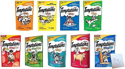 Temptations Cat Treats Temptations Huge Variety Pack, All 9 Flavors: Chicken, Medley, Turkey, Tuna, Catnip Fever, Beef, Surfer, Cookout 1 Pet Paws Notepad (9 Bags Total, 3 Ounces Each), 10 Piece Set