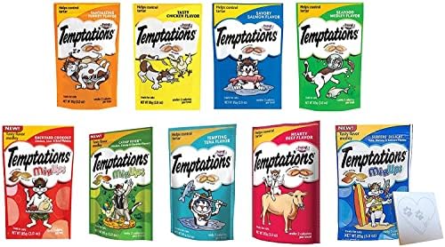Temptations Cat Treats Temptations Huge Variety Pack, All 9 Flavors: Chicken, Medley, Turkey, Tuna, Catnip Fever, Beef, Surfer, Cookout 1 Pet Paws Notepad (9 Bags Total, 3 Ounces Each), 10 Piece Set