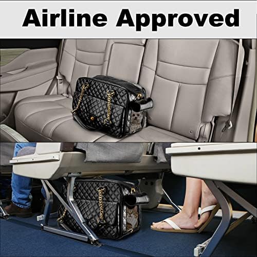 Fashion Dog Purse Carrier for Small Dogs with Large Pockets, Holds Up to 8lbs Quality PU Leather Pet Carrier, Cat Carrier, Airline Approved Puppy Purse Carrier for Travel (Black, Small Size)