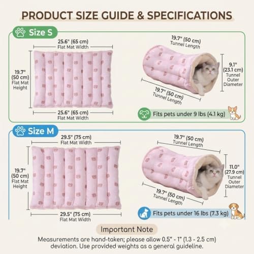 2-in-1 Cat Tunnel Bed Detachable Cat Mat Washable Kitten Play Tube & Rug (Pink, M)
