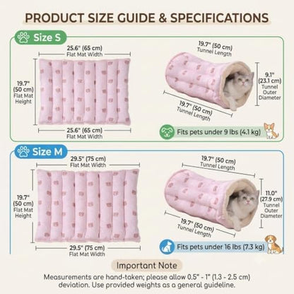2-in-1 Cat Tunnel Bed Detachable Cat Mat Washable Kitten Play Tube & Rug (Pink, M)
