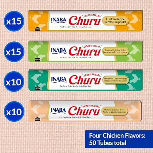 INABA Churu Cat Treats, Lickable, Squeezable Creamy Purée Cat Treat with Green Tea Extract & Taurine, 0.5 Ounces Each Tube, 50 Tubes, Chicken & Seafood Variety