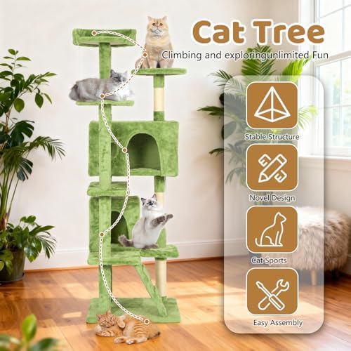 BestOffice 70 Inch Cat Tree, Multi-Level Cat Tower with Condo, Perches, Sisal Scratching Posts, Climbing Ladder,Indoor Activity Center Play House for Kittens & Adult Cats, Green
