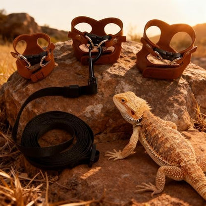 3 Pack Bearded Dragon Harness and Leash Set - Adjustable Soft Leather Vest with 6.89FT Retractable Lead, Escape-Proof Lizard Walking Harness for Reptiles, Squirrels & Small Pets (Brown)