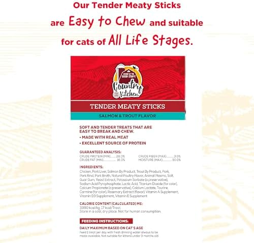 Country Kitchen, Salmon & Trout Tender Cat Meaty Sticks, 0.88 oz, 5 Ct