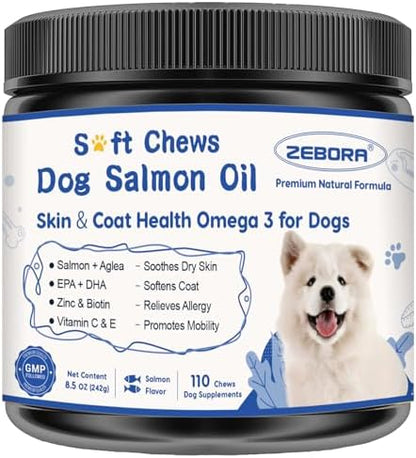 ZEBORA Salmon Oil for Dogs Skin and Coat - Omega 3 6 9 Fish Oil Soft Chews for Dogs Itchy Skin Relief - Dog Fish Oil Supplements EPA DHA Rich with Vitamins C & E - Allergy Relief & Shedding, 110 Ct