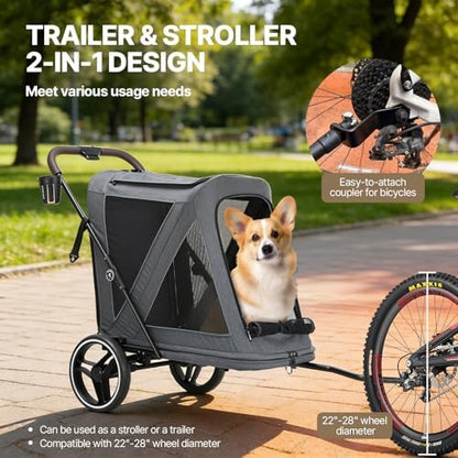 Beberoad Dog Stroller for Large Dogs, 2-in-1 Pet Stroller & Dog Bike Trailer, R7 All-Terrain ER Tires with Shock Absorption, One-Hand Fold, 360° Mesh Ventilation, Waterproof Removable Fabric
