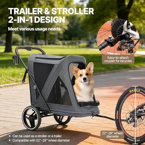 Beberoad Dog Stroller for Large Dogs, 2-in-1 Pet Stroller & Dog Bike Trailer, R7 All-Terrain ER Tires with Shock Absorption, One-Hand Fold, 360° Mesh Ventilation, Waterproof Removable Fabric