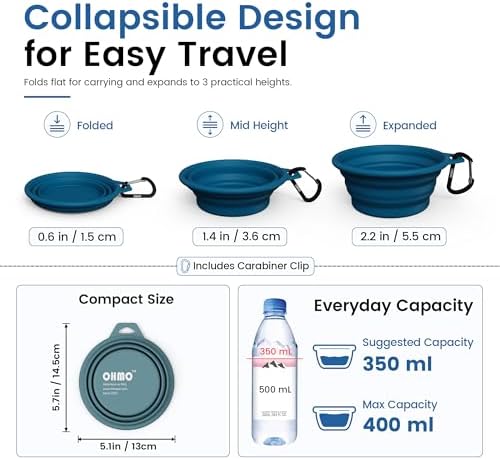 OHMO Collapsible Dog Bowls for Pet Travel, 12oz, 2pcs, Dark&Light Blue
