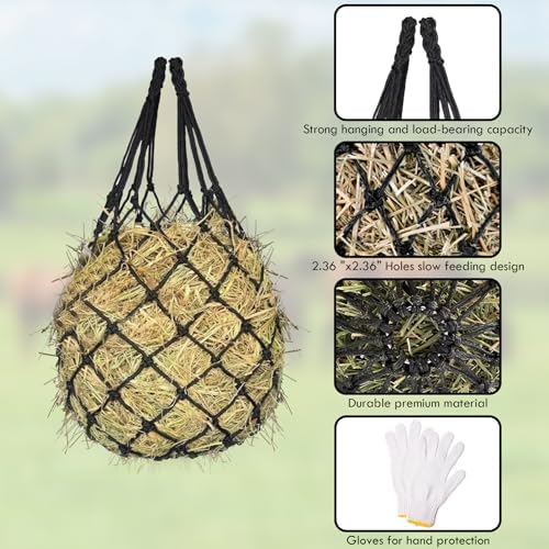 3PCS Hay Net for Horses - Ultra Slow Feed Hay Net with 3 Pairs Gloves, 2.36"x2.36" Holes 40” Horse Slow Feed Hay Nets for Stall, Trailer, Pasture - Heavy-Duty Hanging Feeders (Black+Yellow+Green)