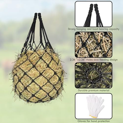 3PCS Hay Net for Horses - Ultra Slow Feed Hay Net with 3 Pairs Gloves, 2.36"x2.36" Holes 40” Horse Slow Feed Hay Nets for Stall, Trailer, Pasture - Heavy-Duty Hanging Feeders (Black+Yellow+Green)