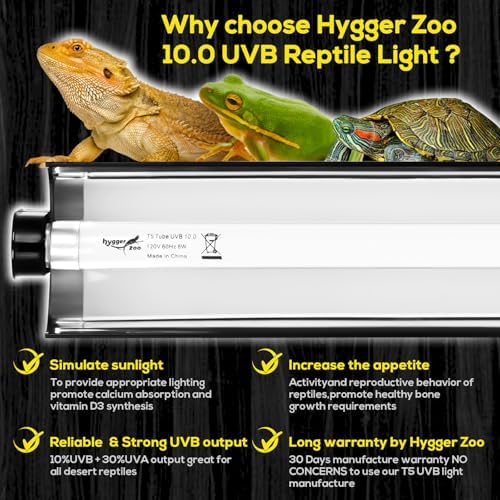 T5 Reptile Light Fixture Combo Kit 24W Light Fixture Reptile Terrarium Hood 10.0 UVB Light Bulb Fluorescent Tube Ideal for Tropical and Deserts Such as Bearded Dragon Lizards and Tortoises