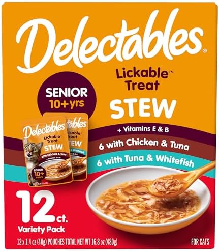 Delectables Lickable Treat Stew Senior 10+ Wet Cat Treat with Real Chicken, Food Topper, Hydrating, Grain-Free, No Fillers, No By-Products, No Added Preservatives, 1.4oz Pouch, 12ct