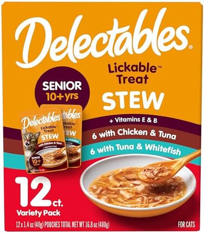 Delectables Lickable Treat Stew Senior 10+ Wet Cat Treat with Real Chicken, Food Topper, Hydrating, Grain-Free, No Fillers, No By-Products, No Added Preservatives, 1.4oz Pouch, 12ct