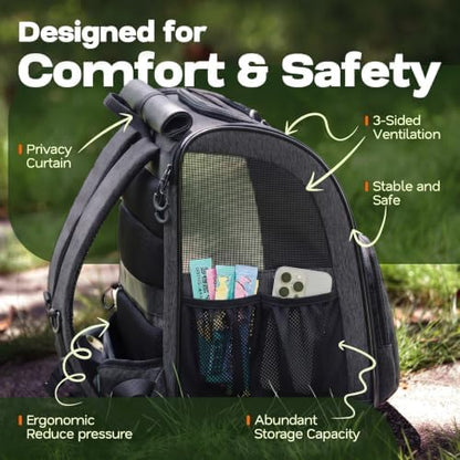 Premium Dog & Cat Carrier Backpack for Travel, Hiking & Vet Visits - Solid Durable Pet Backpack with Breathable Mesh, Safety Strap, Anti-Anxiety Curtain & Storage Pockets (Dark Gray)