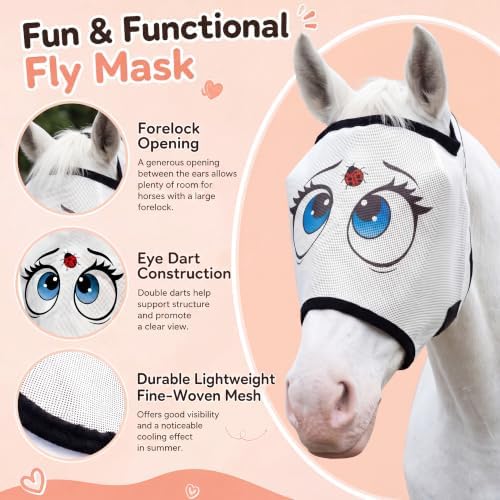 Ladybug Mesh Fly Mask for Horses Cartoon Eye Full Face Bug Protection with Breathable Mesh Soft Padding, Clear Vision, Stretch Fit, UV Protection, Comfortable Adjustable Fit for All Horses