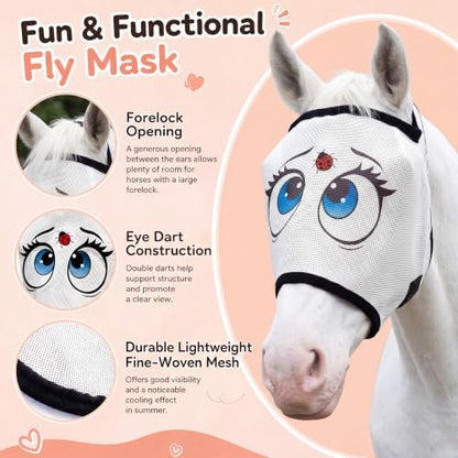 Ladybug Mesh Fly Mask for Horses Cartoon Eye Full Face Bug Protection with Breathable Mesh Soft Padding, Clear Vision, Stretch Fit, UV Protection, Comfortable Adjustable Fit for All Horses