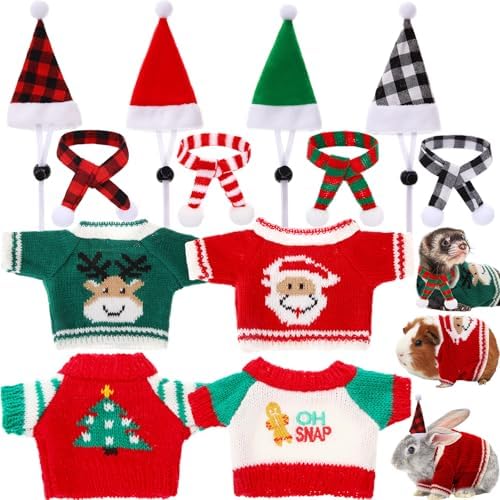 4 Pairs Christmas Guinea Pig Costume Santa Hat Small Animal Christmas Clothes with Scarf Warm Winter Christmas Sweater for Ferret Hamster Bunny Chinchilla Hedgehog Rabbit