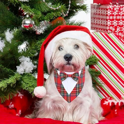 ADOGGYGO Christmas Dog Tuxedo Bandana, Red Plaid Pet Chritstmas Collar with Bowtie, Adjustable Christmas Costume for Small Dogs Pets (S)