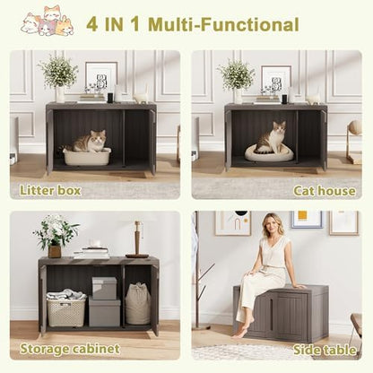Cat Litter Box Enclosure, Hidden Enclosed Litter Box Furniture with Adjustable Partition, Multi-Functional Outdoor Cat House, Side Table, Easy to Clean, Dark Grey