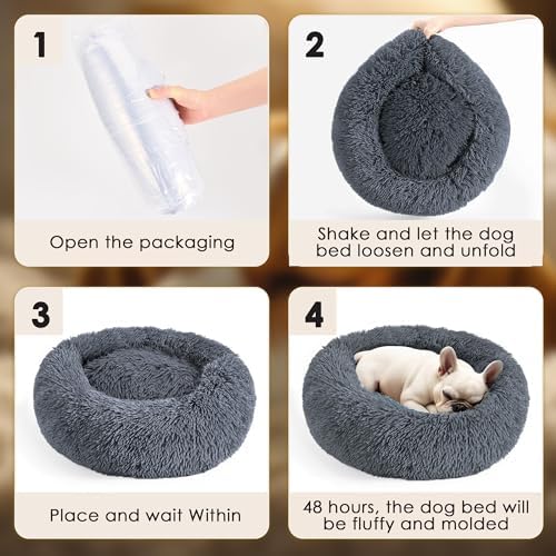 Dogs Bed for Small Dogs, Anti-Anxiety Washable Round Bed (24in Dark Grey)