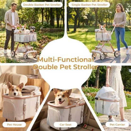 Double Pet Stroller with Detachable Carriers,Ideal for 2 Dogs or Cats,Double Dog Stroller with Small/Medium Pets,Beige