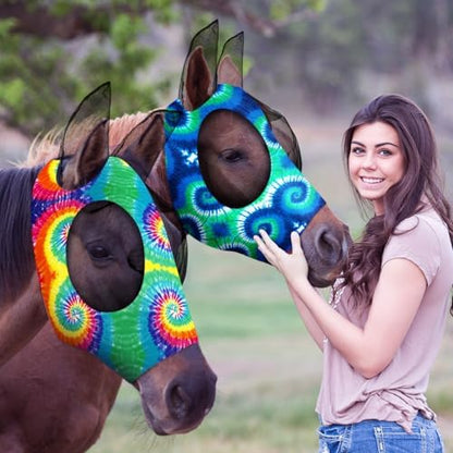 Weewooday 2 Pieces Horse Fly Masks for Horses Soft Fly Masks for Ears Smooth and Elasticity Mask with UV Protection(Tie-dye Pattern,M)