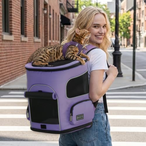 PETSFIT Dog Backpack Carrier with Upgraded Waist Protection, Pet Carrier Backpack Designed for Small Dogs/Cats, Fully Ventilated Collapsible Cat Backpack for Outdoor Traveling Hiking Camping Purple