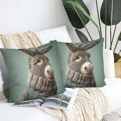 InkRain Winter Animal Cute Donkey Pillow Cover 18x18 Inch Set of 2 Home Decor Decorative Cotton Linen Illustration Pillowcases for Living Room House Sofa