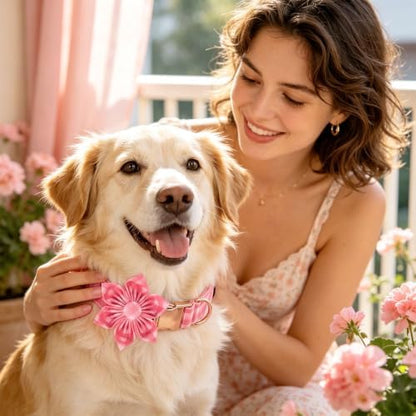 Pink Gingham Dog Collar with Flower for Large Female Dogs