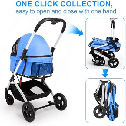 Pet Stroller for Small Dogs and Cats, 33 lb, One-Hand Fold, Blue