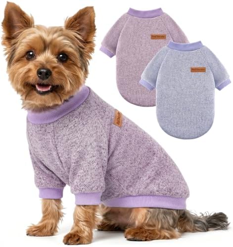 2 Pack Dog Sweaters for Small Dogs Girl Boy Winter Fleece Clothes Warm Soft Dog Sweatshirt Outfit for Dogs Cats Pet Apparel (Blue Purple+ Sweet Purple, L (Back: 15.7",Chest: 19.6",14-18Ibs))