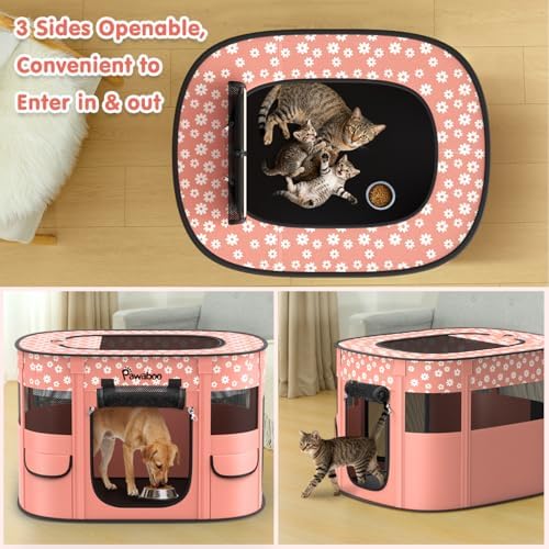 Pawaboo Portable Dog Playpen, 600D Oxford Pet Tent, Light Pink Flowers