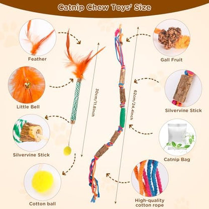 Catnip Toys for Indoor Cats - Silvervine Sticks & Cat Chew Toys for Teeth Cleaning - Refillable Natural Catnip & Silvervine Kit for Kittens & Adult Cats - 8 Pack