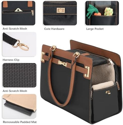 2-in-1 Stylish Dog Purse Carrier Soft-Sided Carriers Travel Tote Bag for Small Dogs Cats, Fashion Foldable Pet Bag for Puppies Small Animals with Pockets (Black+Brown, 15" L x 7.5" W x 12.2" H)
