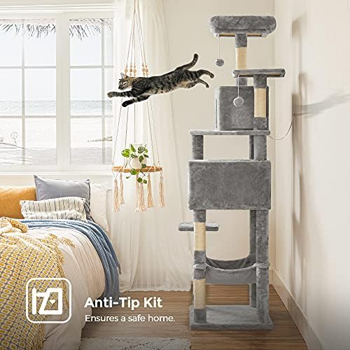 Feandrea Cat Tree, 73.2-Inch Cat Tower, Multi-Level Condo, Light Gray