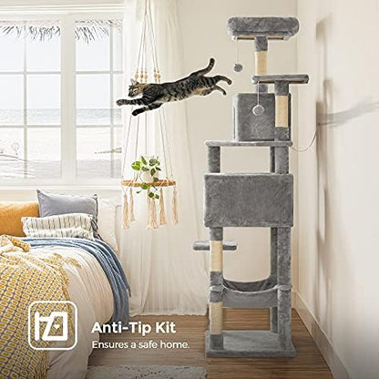 Feandrea Cat Tree, 73.2-Inch Cat Tower, Multi-Level Condo, Light Gray