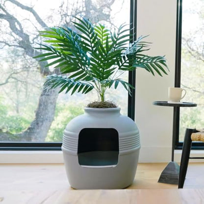 Good Pet Stuff Original Hidden Litter Box Planter, Decorative Cat Litter Enclosure with Carbon Filter, Artificial Palm Plant, Upgraded Design, Easy Clean Litter Tray, Essentials Kit, Stone Gray
