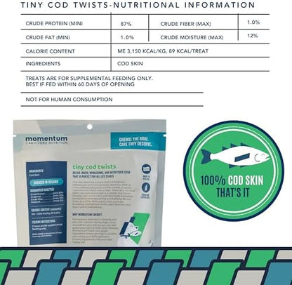 Momentum Carnivore Nutrition Tiny Cod Twists Dog Chews – Single Ingredient Icelandic Cod Skin Treats – Natural Dental Support, High-Protein Fish Chews – 3.1 oz Bag