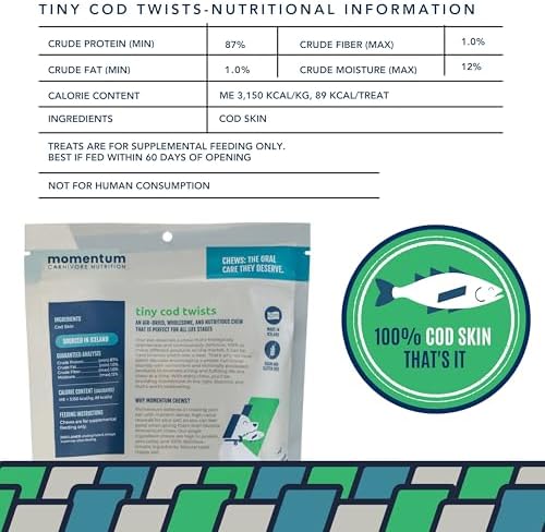 Momentum Carnivore Nutrition Tiny Cod Twists Dog Chews – Single Ingredient Icelandic Cod Skin Treats – Natural Dental Support, High-Protein Fish Chews – 3.1 oz Bag