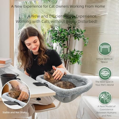 Adjustable Cat Desk Bed, 40cm Round Elevated Cat Hammock with Sturdy Metal Frame, Removable Plush Cushion, Cats Desks Hammock Cats Desk Perch for Home Office Desk