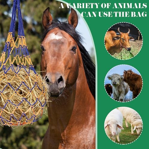 4 Pcs Slow Feeder Hay Nets for Horses Goat Cattle Equine Durable Heavy Duty Hanging Hay Feeder Nets for Horse Stalls Barn Pasture and Farm Feeding Supplies(Black, Yellow, Green, Blue)