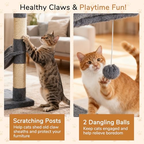 DORTALA Cat Tree for Indoor Cats, 44" Modern Cat Tower with Top Perch, Condo, Hammock, Sisal Scratching Posts, Dangling Balls, Platforms, Multi-Level Pet Climbing Furniture Playground (Grey)