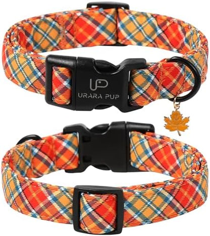 Autumn Plaid Dog Collar – Adjustable Orange Tartan Dog Collar with Fall Leaf Charm, Cozy Fall Vibes Orange Yellow Grid Puppy Collars for Small/Medium/Large Dogs