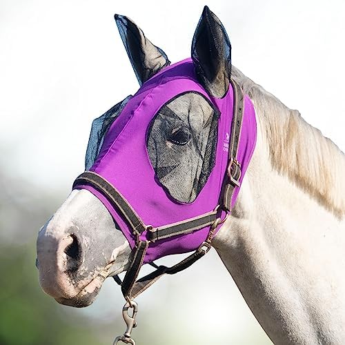 Harrison Howard Super Comfort Stretchy Fly Mask Large Eye Space with UV Protection Soft on Skin with Breathability Fly Mask -Amethyst Cob (Medium)