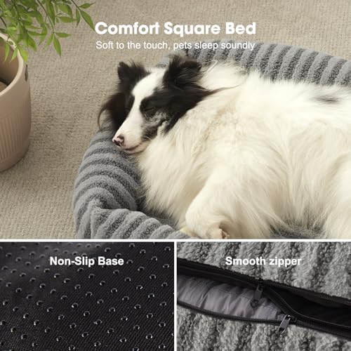 MIXJOY Medium Dog Beds for Medium Sized Dog, Calming Warming Pet Beds, Washable Dogs Bed with Removable Cover, Rectangle Pet Bed with Non-Slip Bottom, 25"x21"x7", Grey