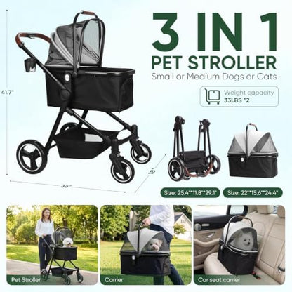 3-in-1 Foldable Pet Stroller for Dogs/Cats
